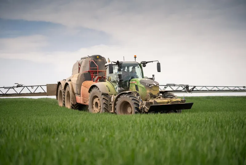 Fendt mit Horsch Feldspritze und ausgeklapptem Gestänge im Weizen
